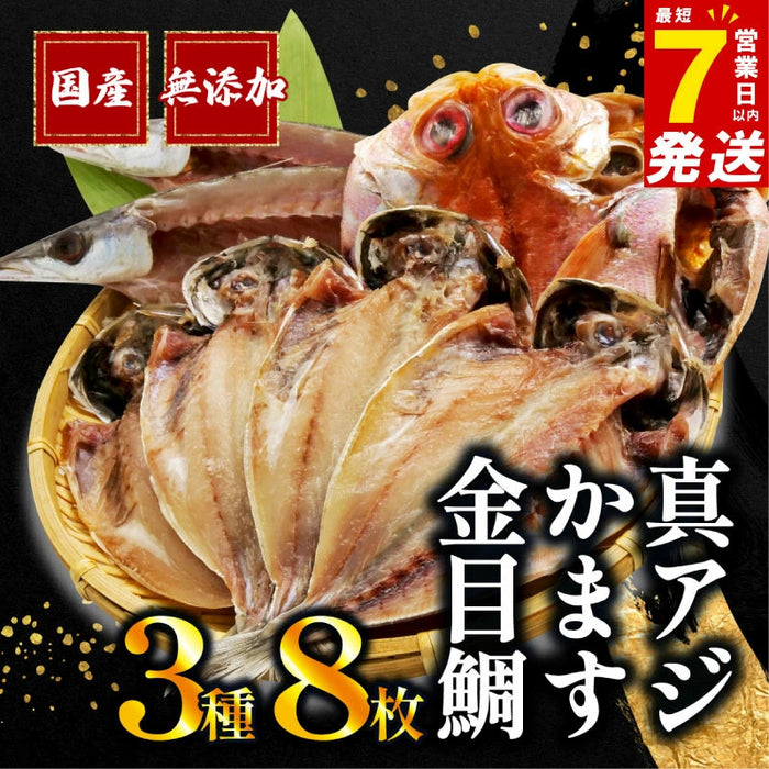 【干物専門店直送】3種8枚詰め合わせ(真アジ・カマス・金目鯛)【静岡県沼津市】